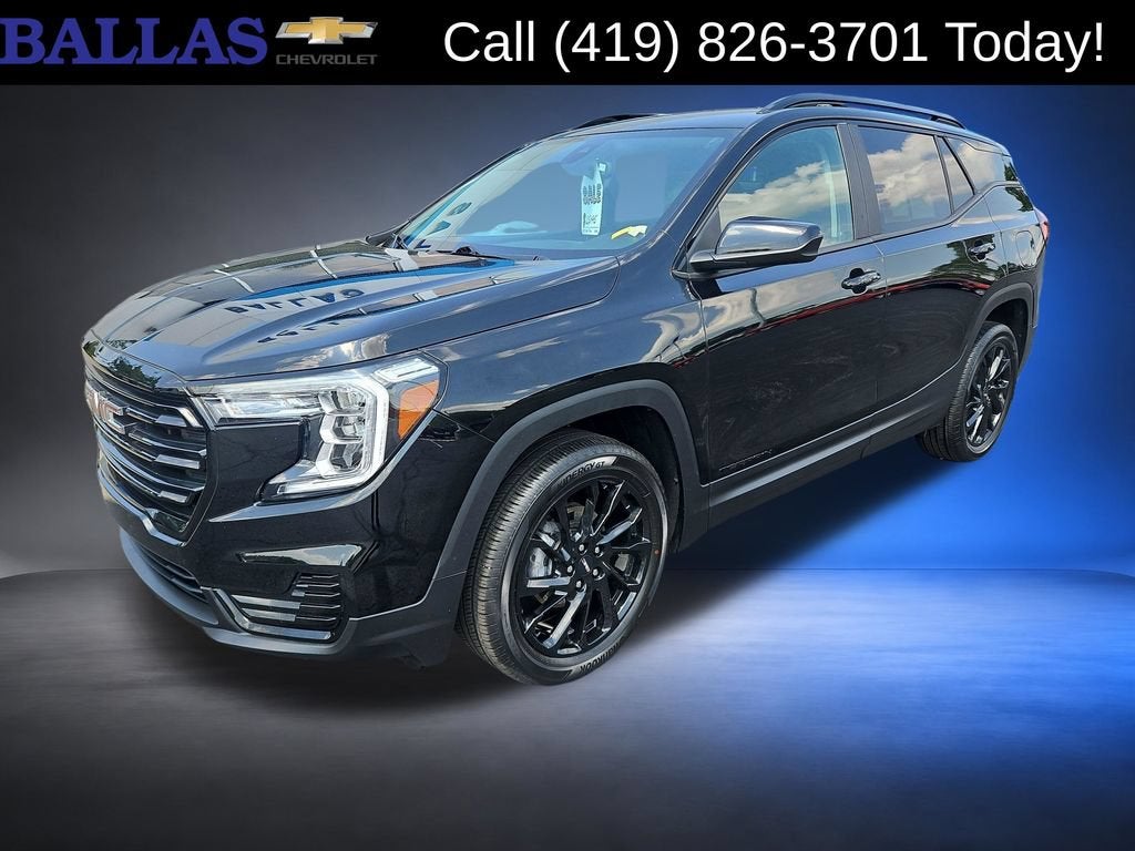 2023 GMC Terrain SLE in Ebony Twilight Metallic — front three-quarter view