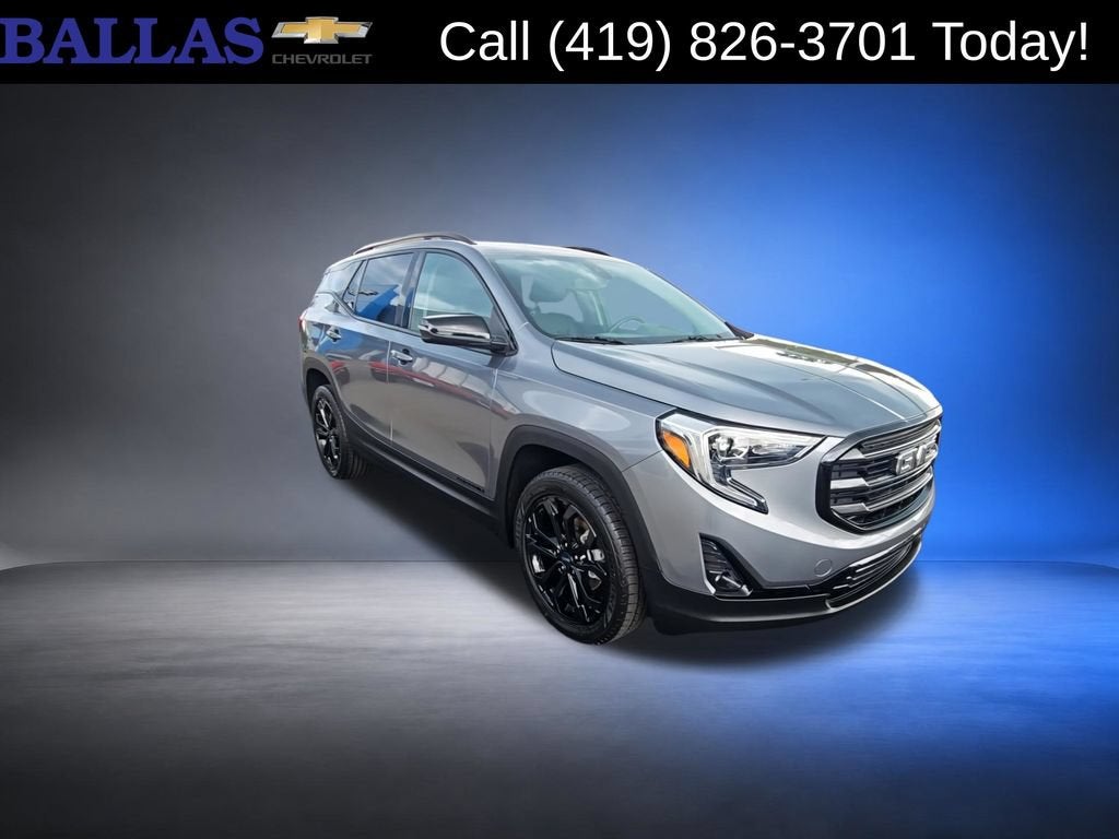 2021 GMC Terrain SLT in Satin Steel Metallic — front three-quarter view